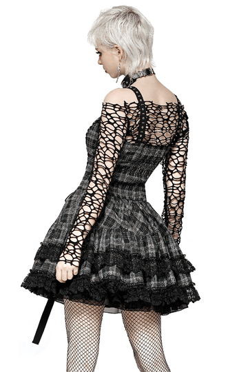 Plaid Gothic Mini Dress with Lace Edging and Harness Straps